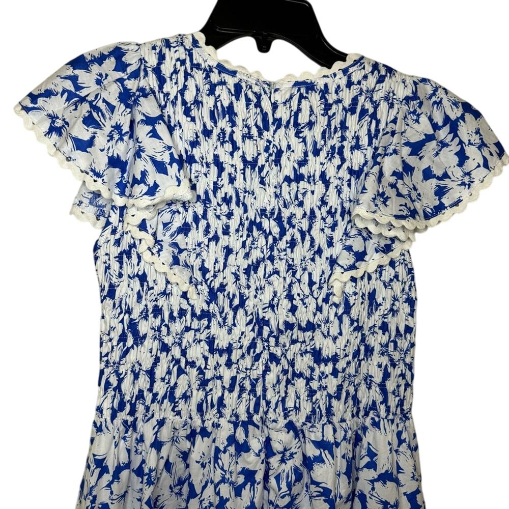 &MERCI White and Blue Floral Summer Dress Ruffle Sleeves Pockets Womens Medium - Picture 6 of 8
